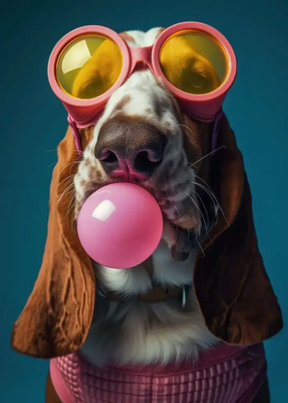 Decorbites™ colorful dog sunglasses canvas wall art featuring a basset hound in pink bubblegum sunglasses and outfit