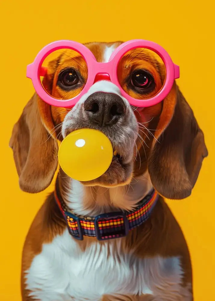 Decorbites™ colorful dog sunglasses canvas wall art featuring a beagle with pink bubblegum sunglasses and striped collar