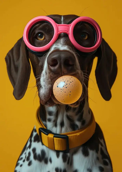 Decorbites wall art featuring a brown and white dog wearing bubblegum colorful dog sunglasses holding a speckled egg
