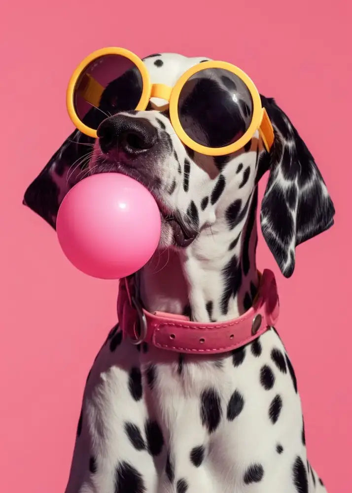 Decorbites™ colorful dog sunglasses canvas wall art featuring a dalmatian with yellow frames and bright pink bubblegum sunglasses