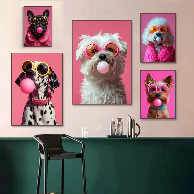 DecorBites™ colorful dog sunglasses wall art featuring five vibrant pink-framed dog portraits with bubblegum sunglasses