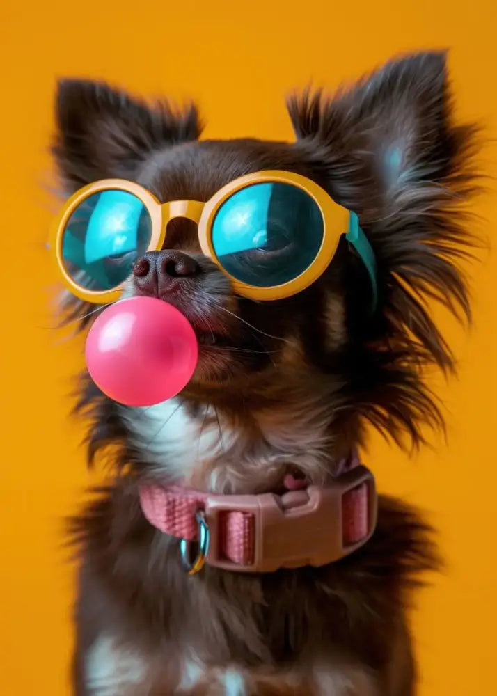 DecorBites™ colorful dog sunglasses canvas wall art of a fluffy chihuahua with yellow bubblegum sunglasses