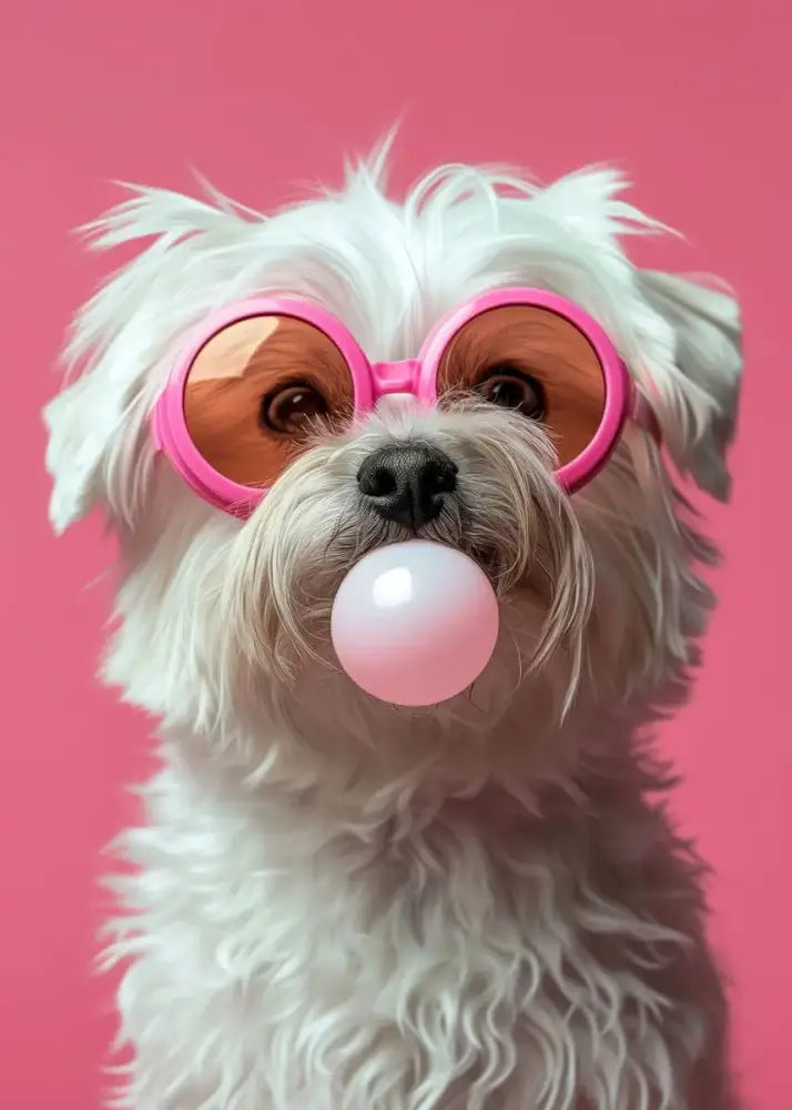 Decorbites™ colorful dog sunglasses canvas wall art featuring a fluffy white dog with pink bubblegum sunglasses