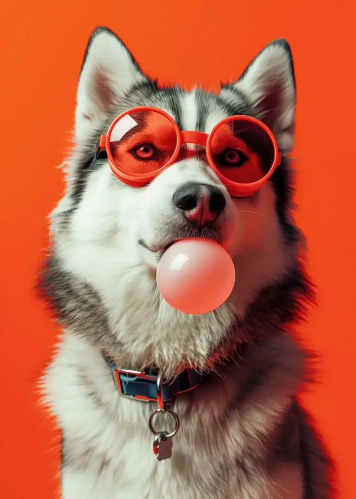 A husky wearing colorful dog sunglasses with red-orange lenses and bubblegum in its mouth on decorbites™ wall art