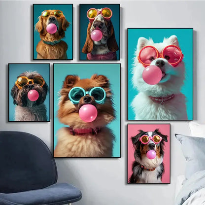 Set of six framed canvas wall art featuring playful dogs in colorful dog sunglasses blowing pink bubblegum sunglasses bubbles