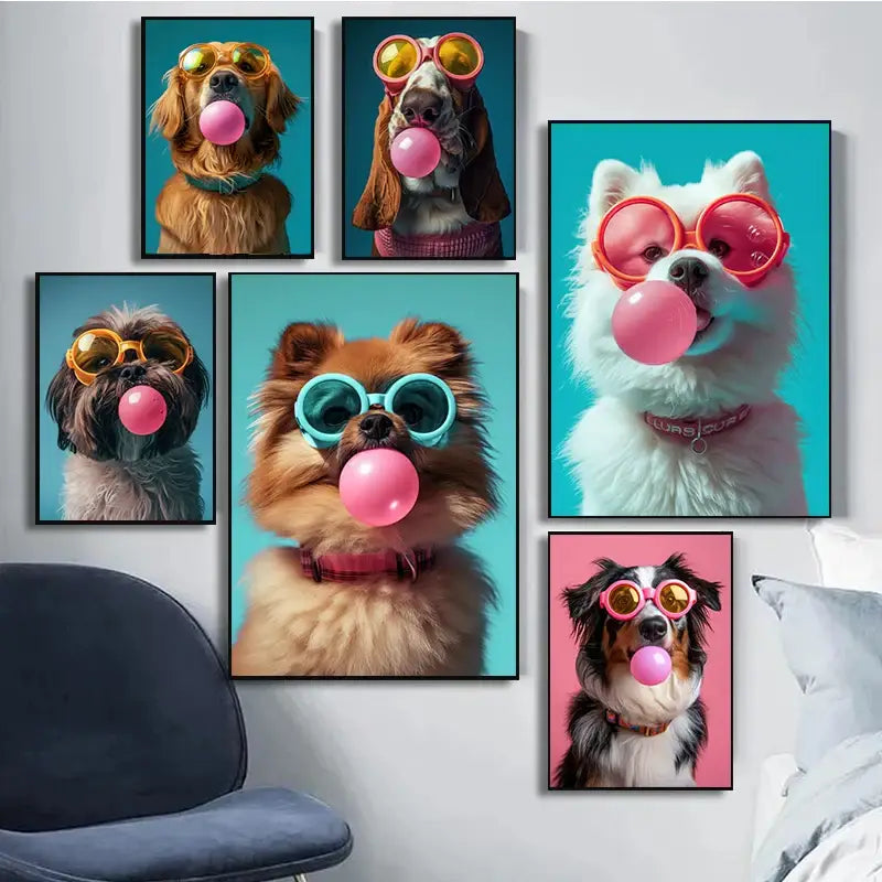 Set of six framed canvas wall art featuring playful dogs in colorful dog sunglasses blowing pink bubblegum sunglasses bubbles