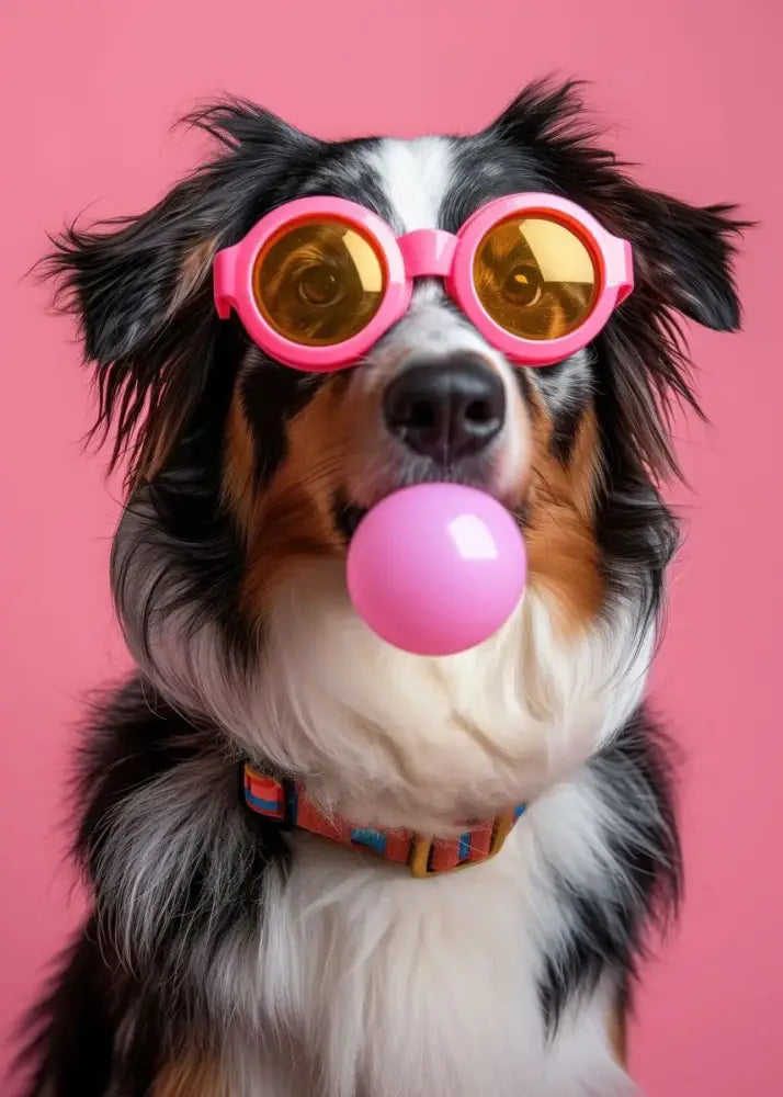 A tri-color australian shepherd wearing pink-framed colorful dog sunglasses and blowing bubblegum in decorbites™ wall art
