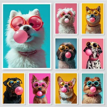 Decorbites colorful dog sunglasses canvas wall art featuring nine dogs with bubblegum sunglasses on vibrant backgrounds