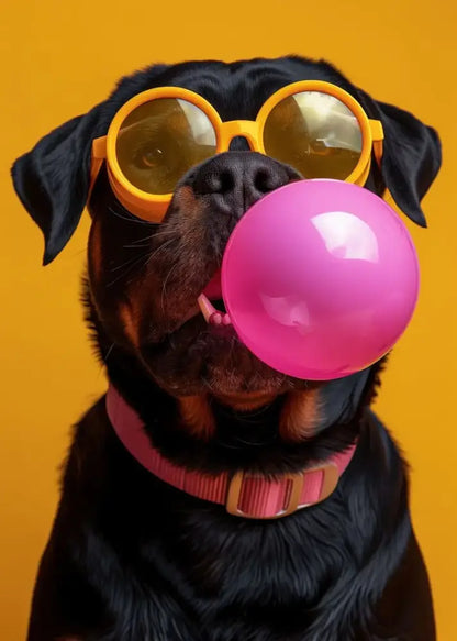 Decorbites™ colorful dog sunglasses canvas wall art featuring a vibrant pink bubblegum bubble and glossy bubblegum sunglasses