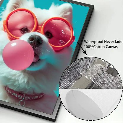 Vibrant decorbites™ wall art of a fluffy white dog wearing colorful bubblegum sunglasses on waterproof cotton canvas