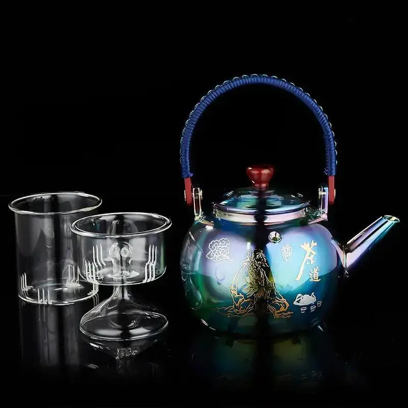 Decorbites colorful enamel glass crane teapot with iridescent blue green finish gold leaf figure and braided handle