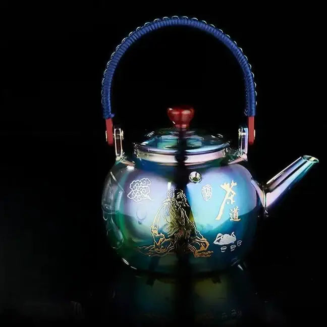 Iridescent colorful enamel glass crane teapot with blue braided handle and gold-leafed chinese character design by Decorbites