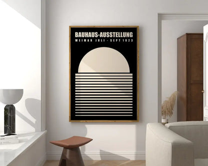 DecorBites canvas print mid century bauhaus poster with black and white geometric design in light wood frame