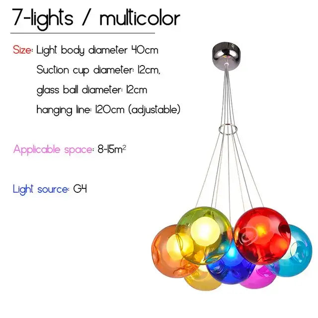 Decorbites colorful glass ball pendant light with seven multicolor glass spheres and chrome ceiling mount for dining room