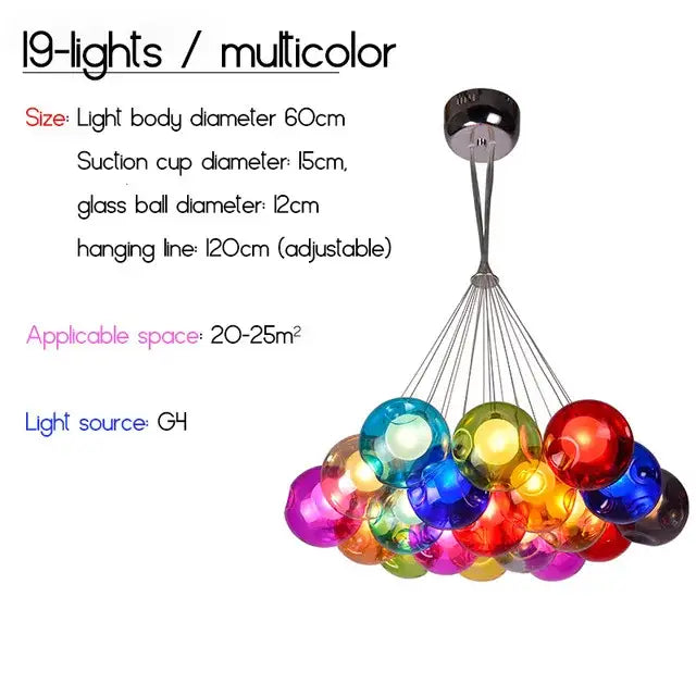 Multicolor glass ball pendant light with 19 lights and chrome suction cup mount from decorbites colorful glass line