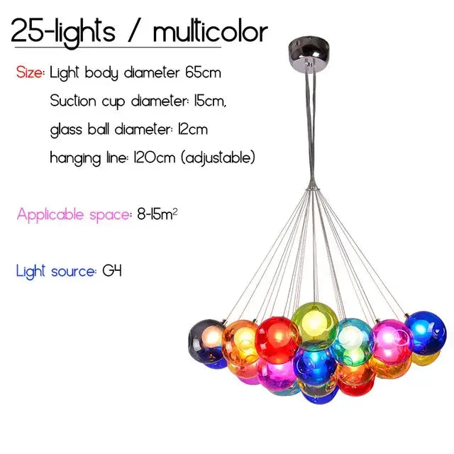 Decorbites colorful glass pendant light with 25 multicolor glass balls and chrome suction cup mount for dining room chandelier