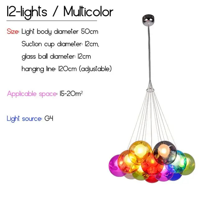 Decorbites colorful glass pendant light with 12 multicolor glass balls suspended from chrome ceiling mount chandelier