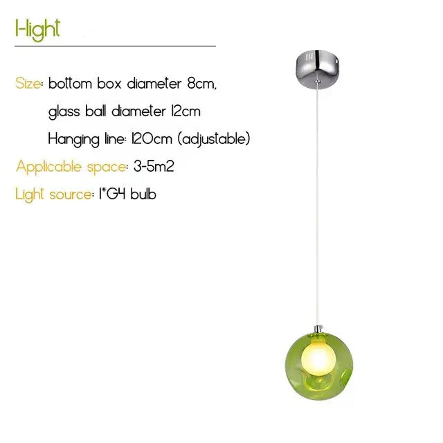 A sleek modern pendant light with translucent green colorful glass ball and chrome ceiling mount by Decorbites colorful glass