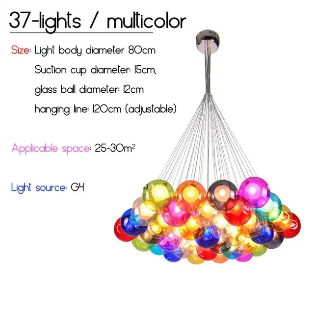 Decorbites colorful glass pendant light with 37 multicolor glass balls and chrome finish for dining room chandelier