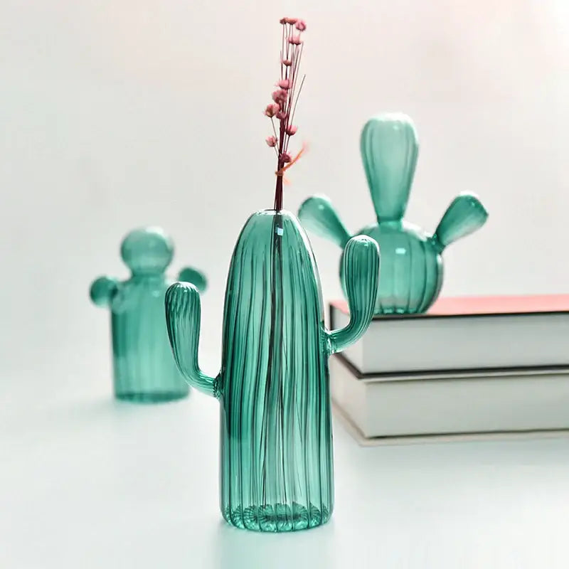 Tealb DecorBites™ colorful cactus glass vase with vertical ridges holding a pink dried flower arrangement