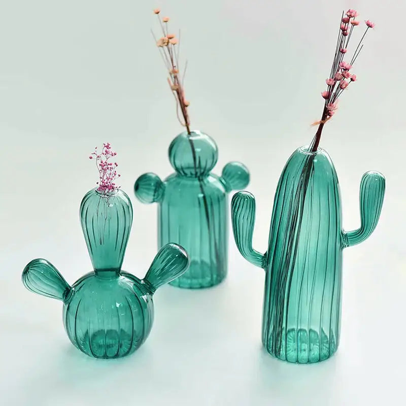 DecorBites™ colorful cactus glass vases in teal with ribbed texture holding dried pink flowers for home decor