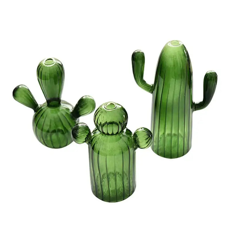 Three translucent green ribbed cactus glass vases with rounded spines for colorful home decor by DecorBites