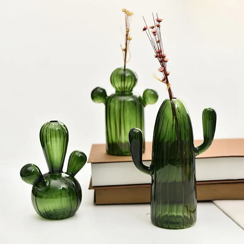 Three green ribbed cactus glass vases of varying sizes by DecorBites for colorful home decor display