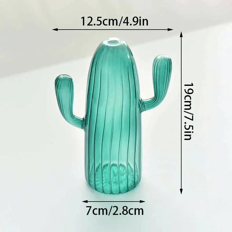DecorBites™ colorful translucent teal cactus glass vase with vertical ridges and curved arms for home decor