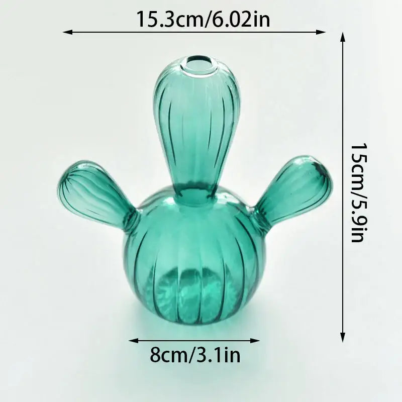DecorBites™ colorful translucent teal cactus glass vase with ribbed texture and three arms for home decor