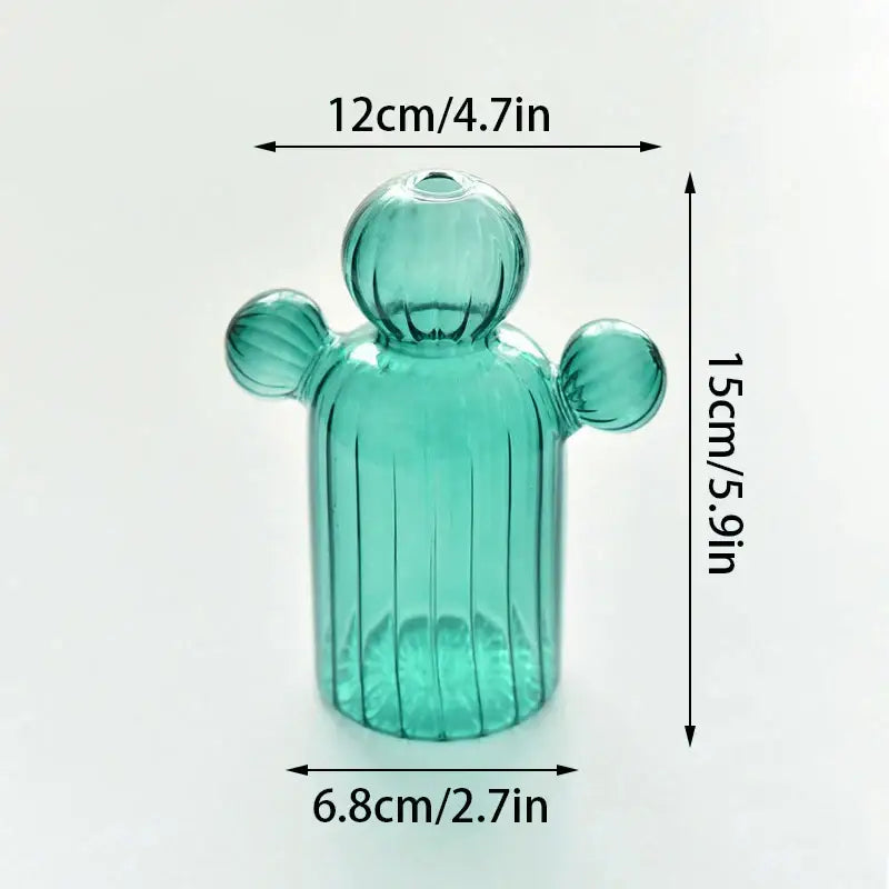 Decorbites™ colorful cactus glass vase in translucent teal with vertical ridges and rounded arms for home decor