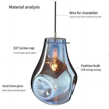 A translucent blue hand-blown glass pendant light with e27 screw cap and led bulb from decorbites colorful glass chandelier collection