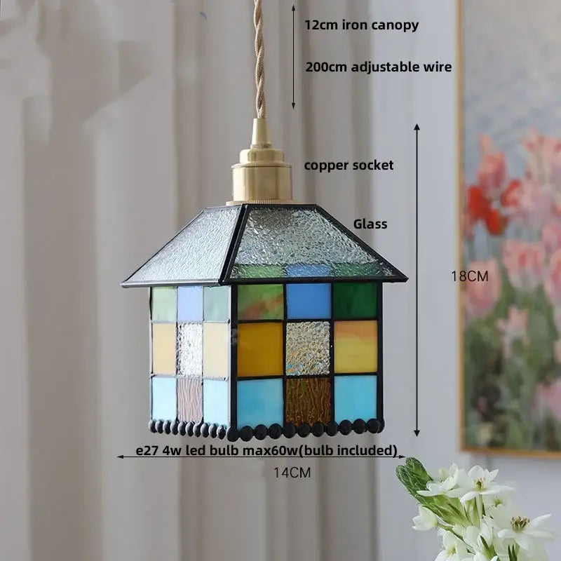 Decorbites colorful glass magic cube pendant light with multicolored panels and textured roof for dining room