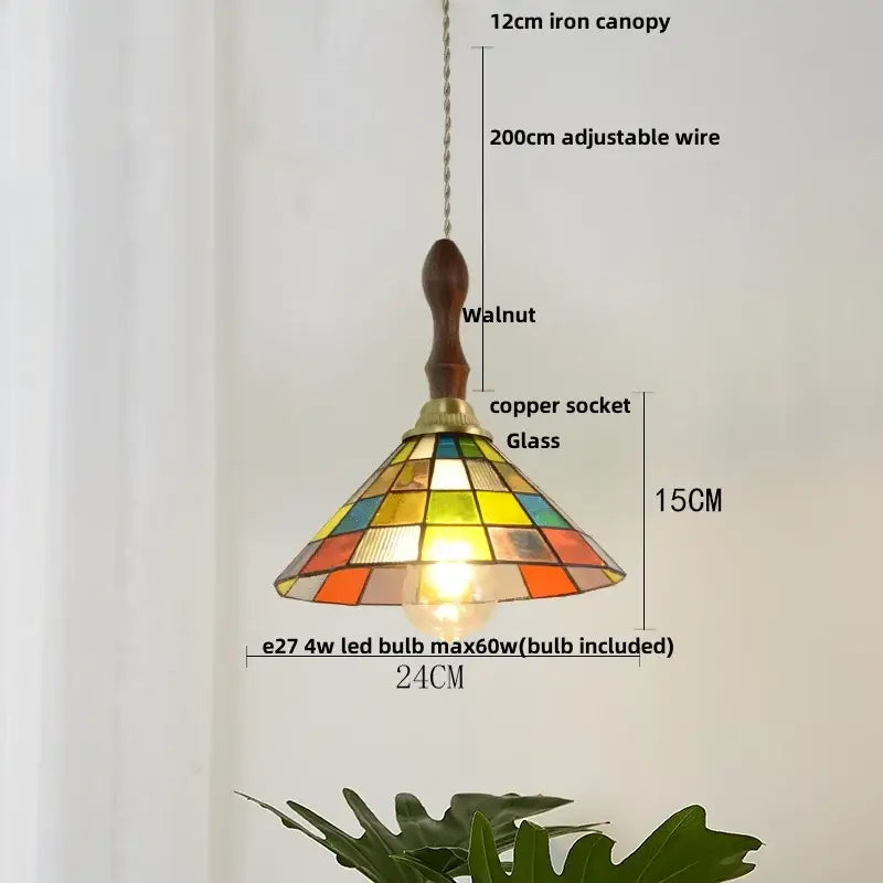 Decorbites colorful glass magic cube pendant light with stained glass, walnut iron canopy, and copper socket for dining room