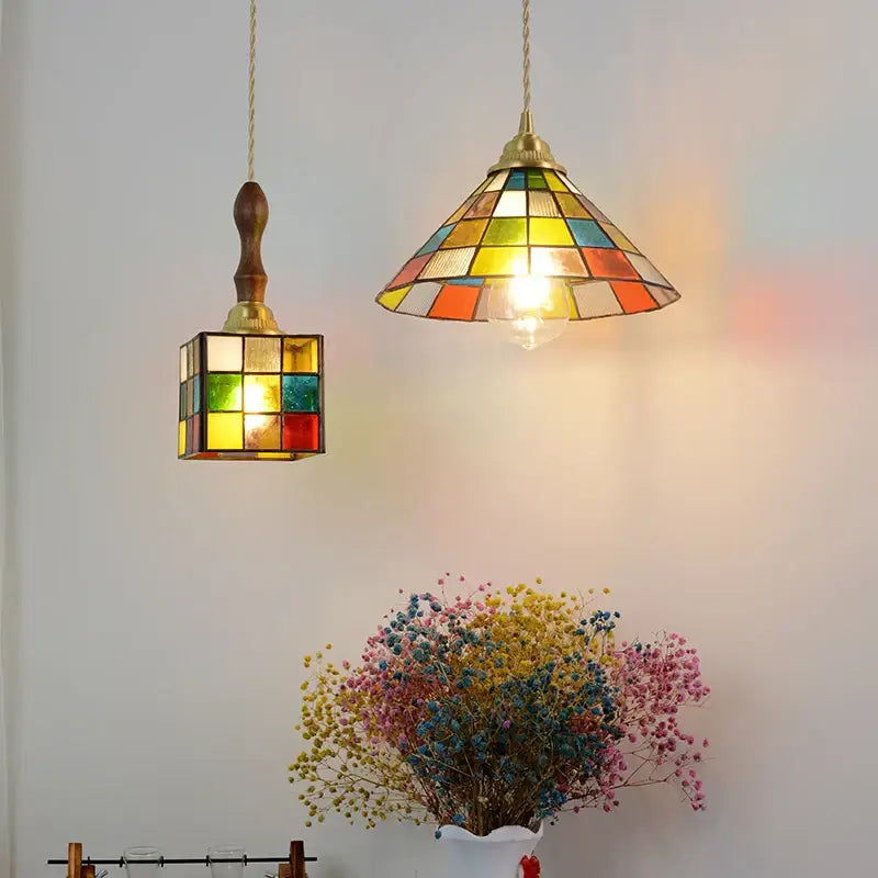 Two decorbites colorful glass magic cube pendant lights with yellow green red blue and orange leaded panels in brass frames