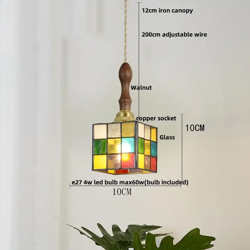 Decorbites colorful glass magic cube pendant light with stained glass and walnut-finished iron canopy for dining room