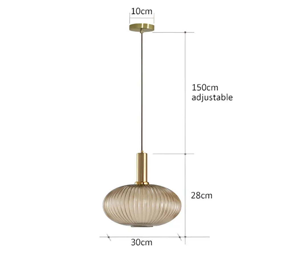 Gold-toned decorbites pendant lights with ribbed translucent glass shade and adjustable 150cm chain for retro style