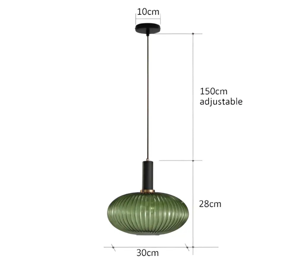 Decorbites™ colorful glass pendant lights featuring green ribbed glass and black metal hardware for retro style