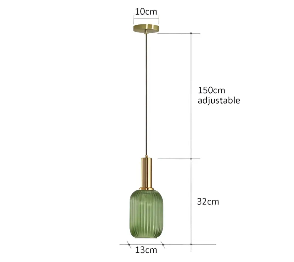 Green ribbed glass pendant light with brass-finished metal top and hanging chain from DecorBites colorful glass pendant lights