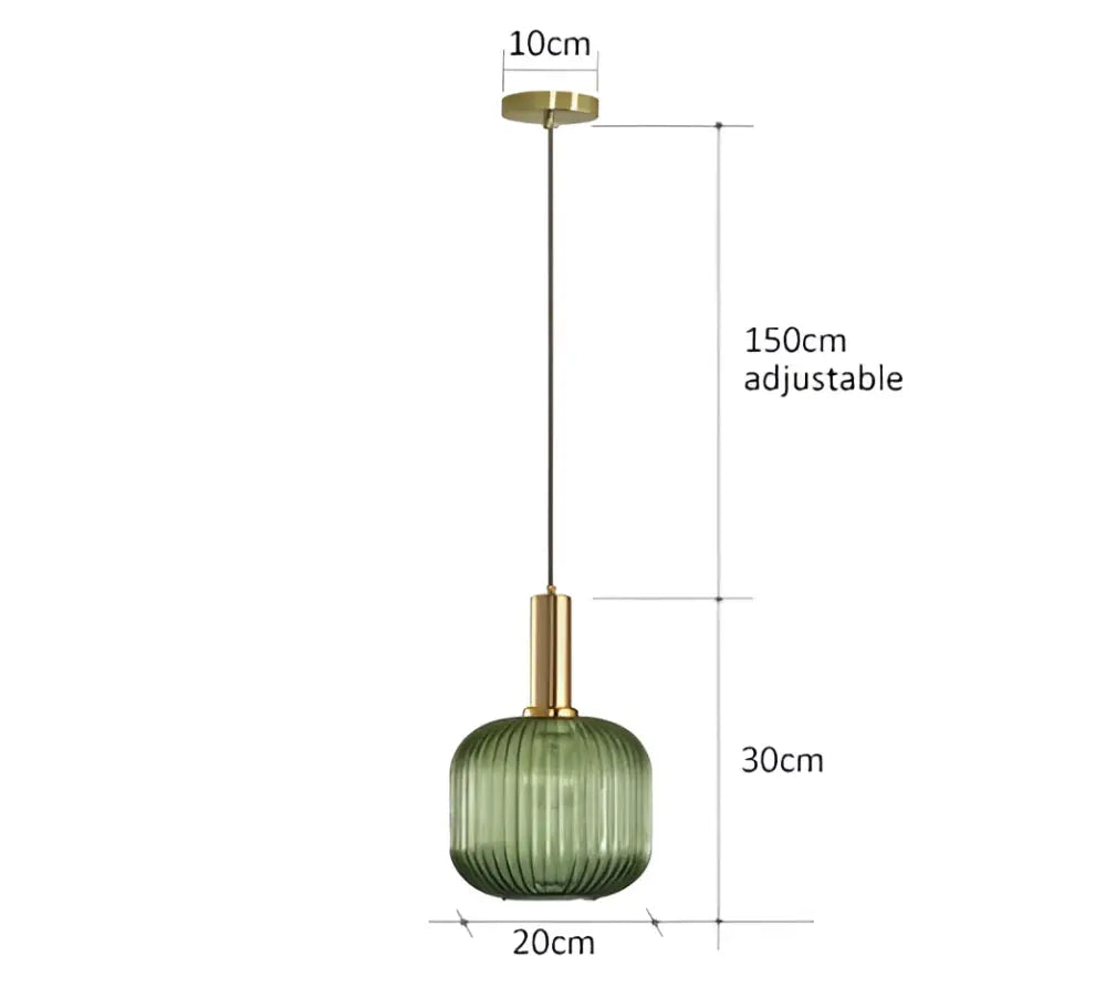 Decorbites™ colorful glass pendant lights featuring green ribbed glass with brass accents and adjustable chain