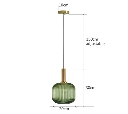 Decorbites™ colorful glass pendant lights featuring green ribbed glass with brass accents and adjustable chain