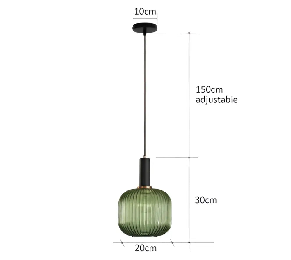 Green ribbed glass pendant lights with black metal hardware from DecorBites colorful glass pendant lights collection for retro style