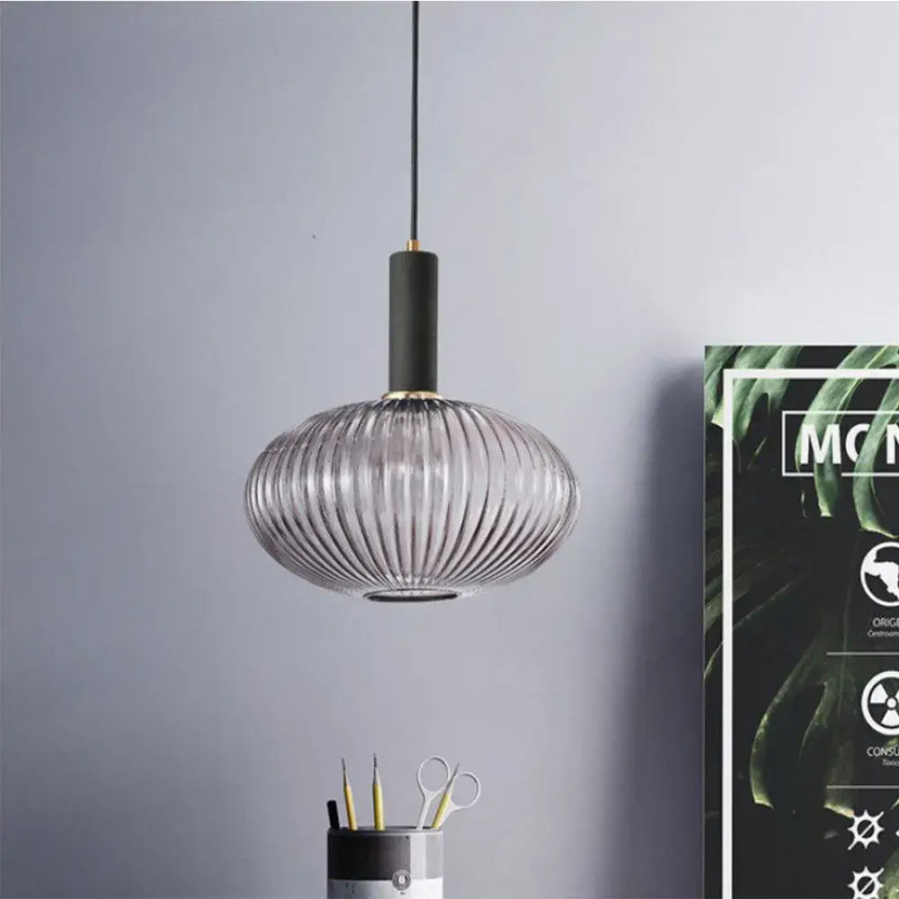 Modern DecorBites colorful glass pendant lights with ribbed translucent gray shade and matte black stem for retro style