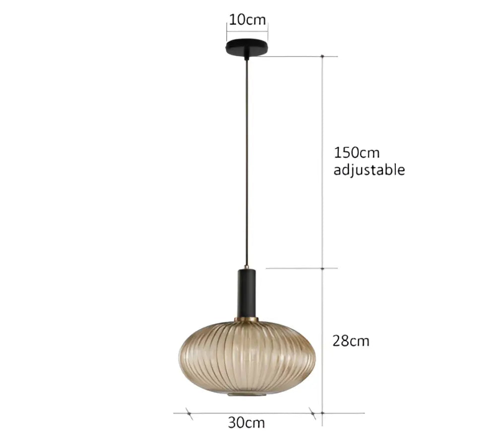 DecorBites colorful glass pendant lights with ribbed amber-tinted glass and black metal hardware for retro style