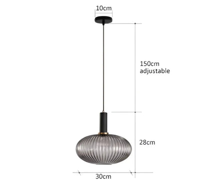 DecorBites™ modern 150cm adjustable pendant lights with black metal rod and gray ribbed glass shade for retro style