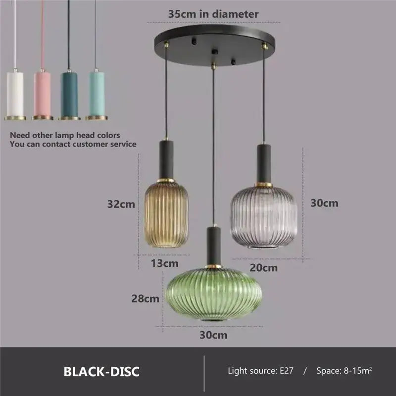 Decorbites™ colorful glass pendant lights featuring modern ribbed translucent shades in gold clear and green hues