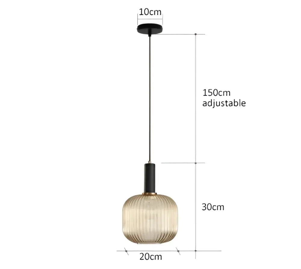 A modern decorbites™ pendant light with ribbed amber-tinted glass and black metal hardware for retro style lighting