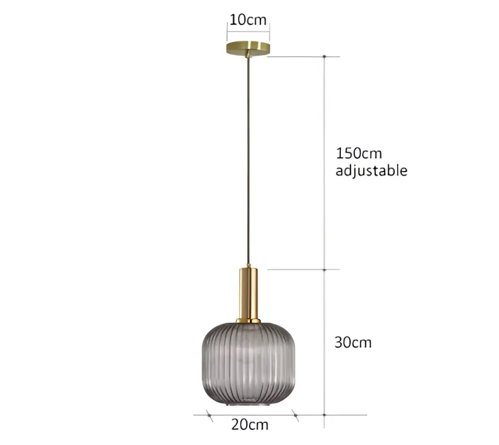 Modern pendant lights featuring a frosted gray ribbed glass shade with brass accents from DecorBites colorful glass pendant lights