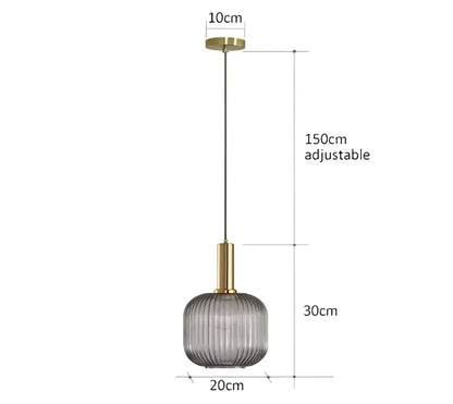 Modern pendant lights featuring a frosted gray ribbed glass shade with brass accents from DecorBites colorful glass pendant lights