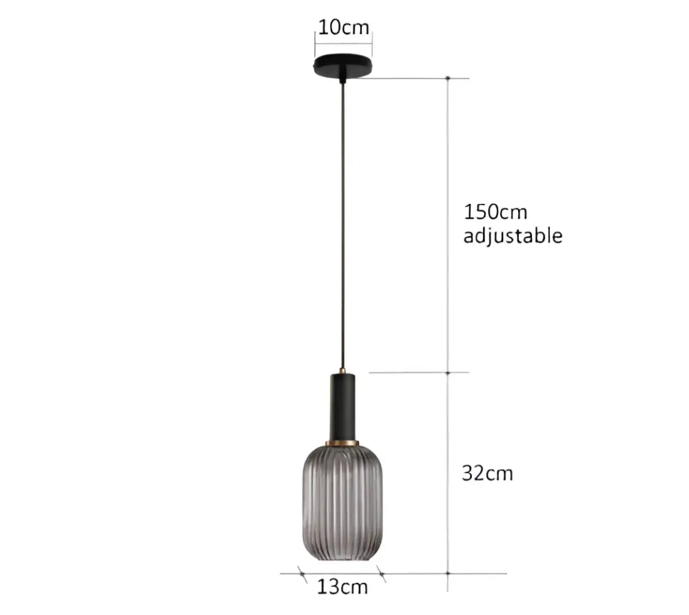 A sleek 150cm adjustable black pendant light with ribbed smoked glass shade and brass accents from DecorBites™ colorful glass pendant lights for retro style