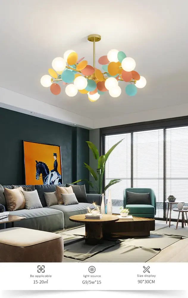 DecorBites colorful led branch chandelier with gold stem and multicolored glass globes for living room decor